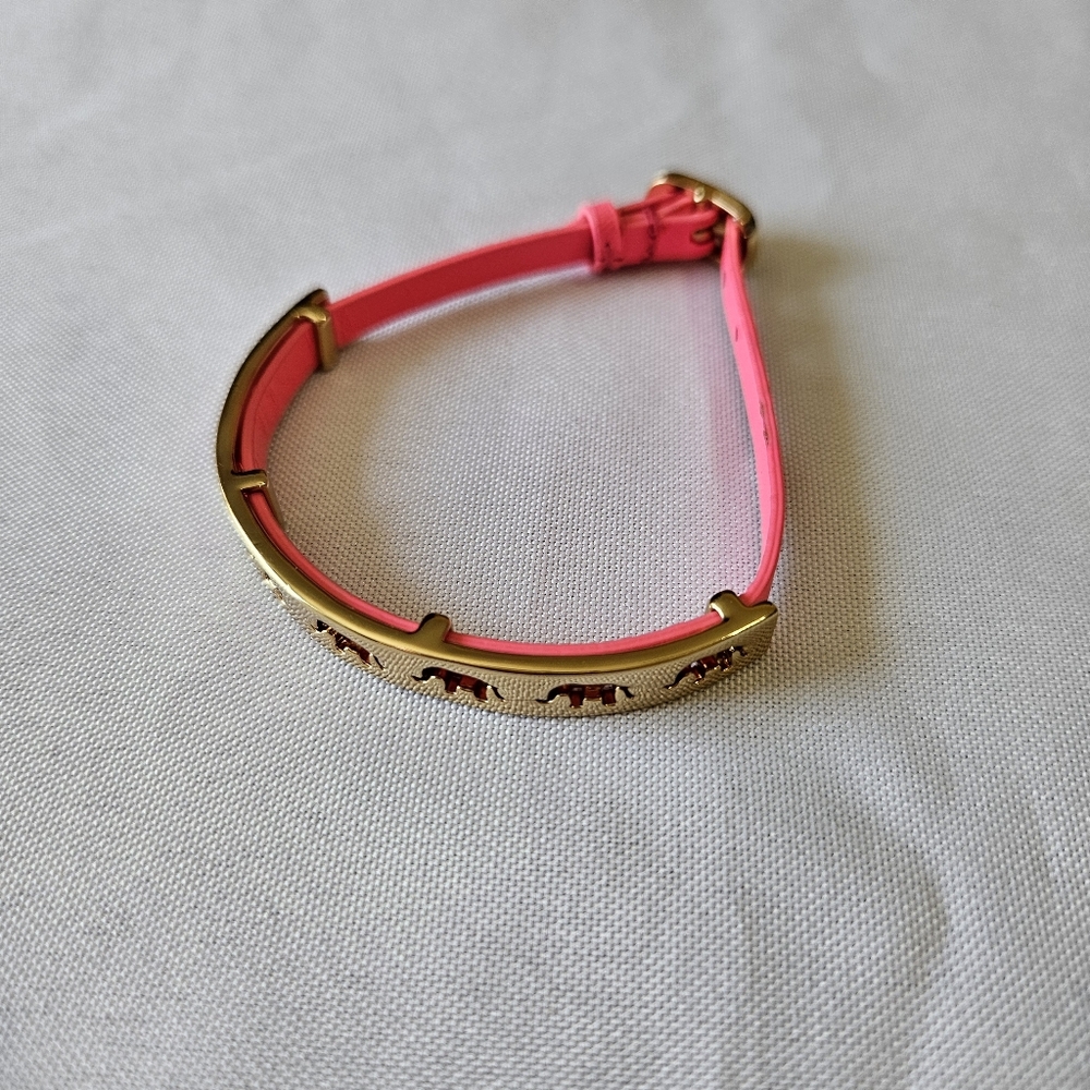 Stella & Dot Gold Elephant with Hot Pink Leather Bracelet